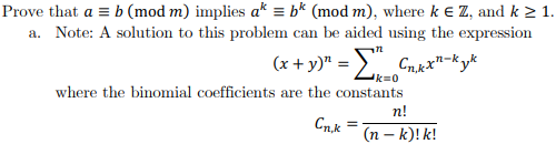 Solved Prove That A≡bmodm Implies Ak≡bkmodm Where K∈z 6667