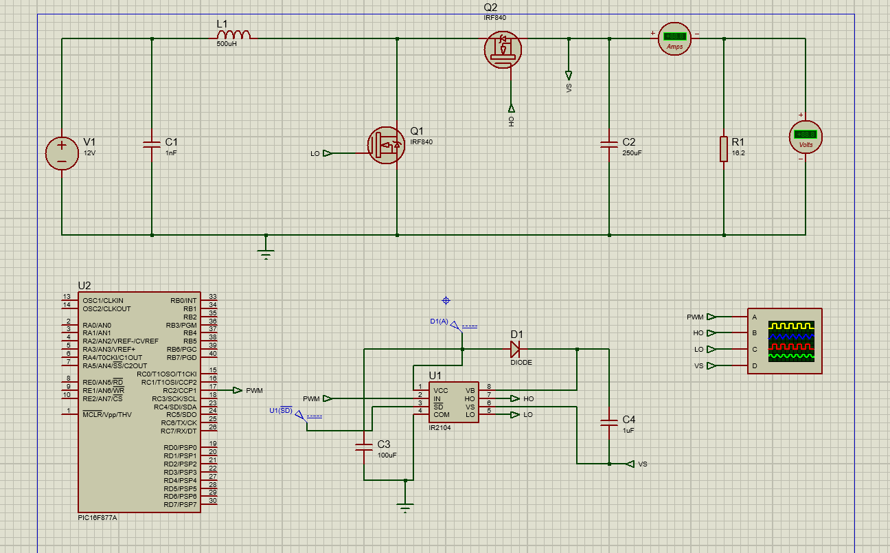 Solved Q2 IRF840 L1 500uH 7 Amps V A A 오 + Q1 IRF840 V1 12V | Chegg.com