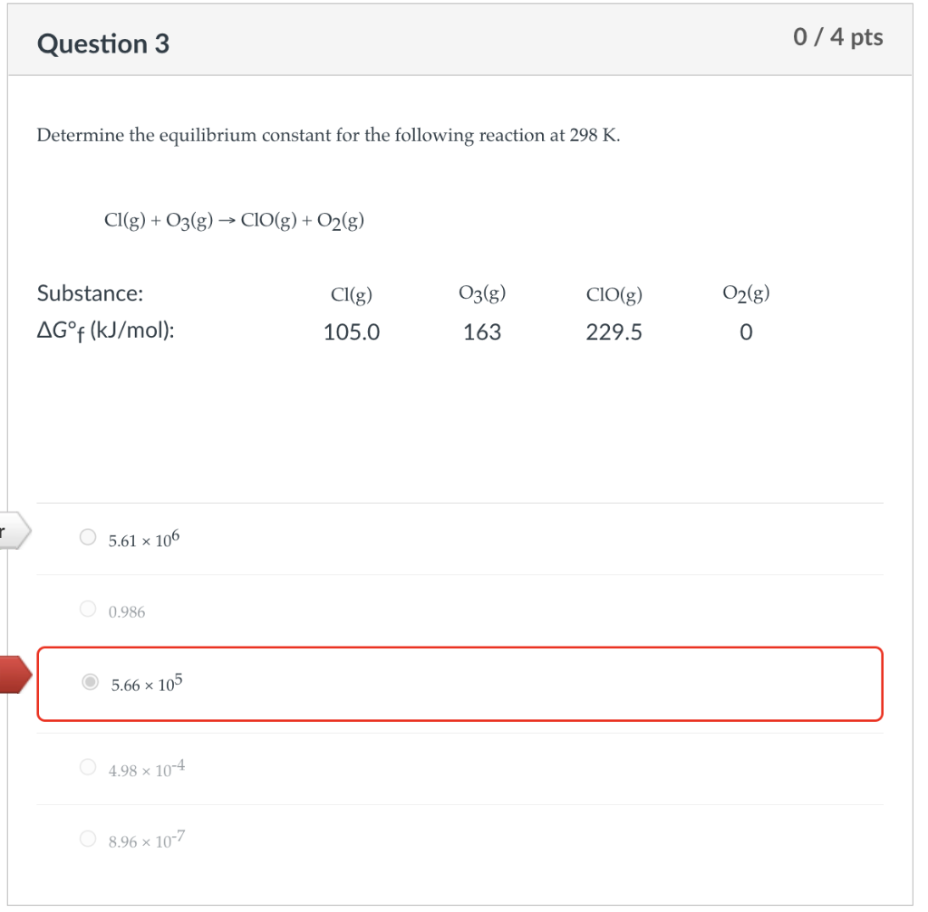 Determine the equilibrium constant for the following reaction at \( 298 \mathrm{~K} \).
\[
\mathrm{Cl}(\mathrm{g})+\mathrm{O}