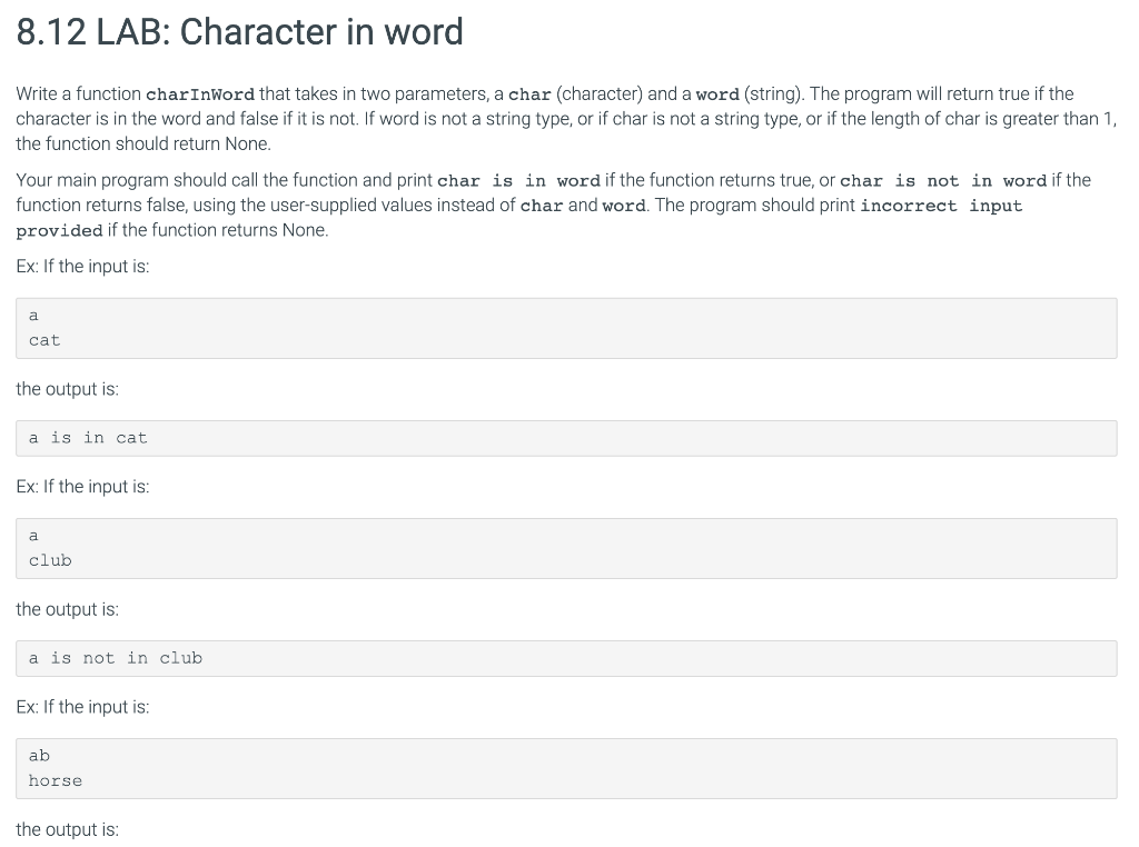 Solved 8.12 LAB: Character in word Write a function | Chegg.com