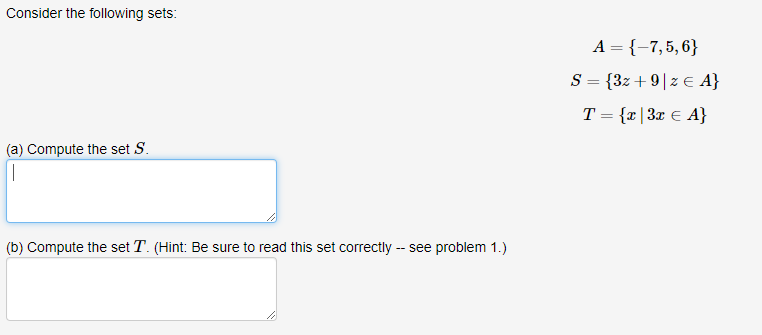 Solved Consider the following sets: A={-7,5,6) S = {3z +9|2 | Chegg.com