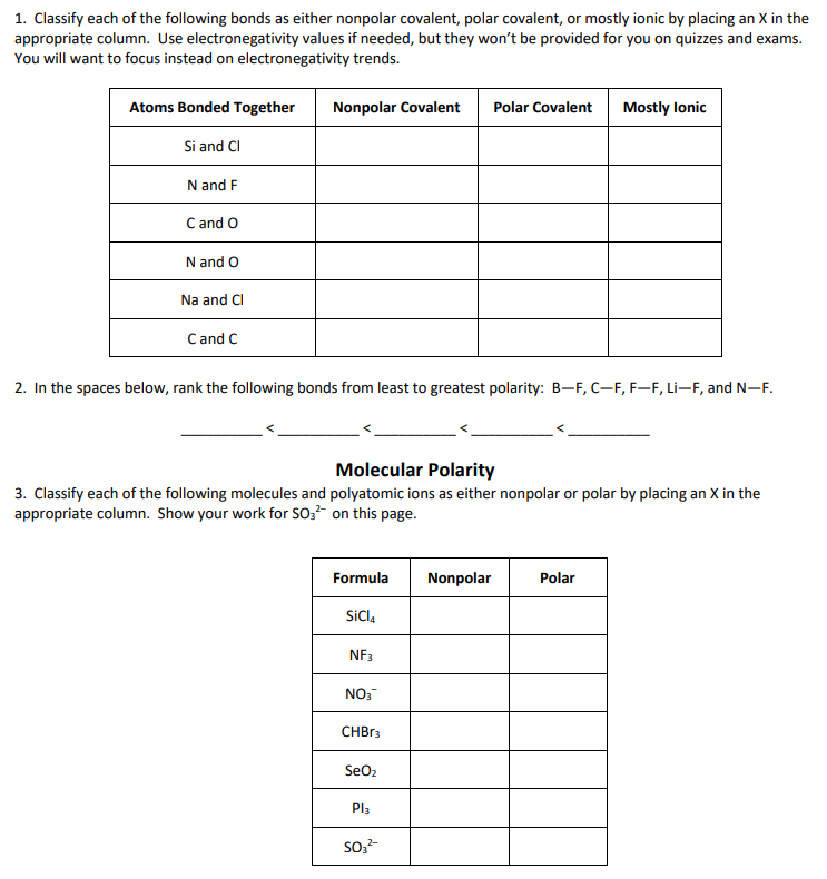 Solved 1. Classify each of the following bonds as either | Chegg.com