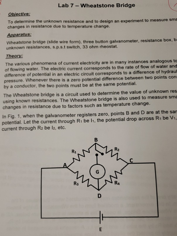 Lab 7 Wheatstone Bridge Obiective To determine the