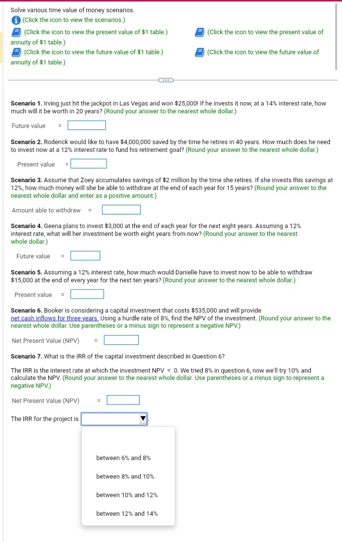 Solved Solve various time value of money scenarios. (Click | Chegg.com