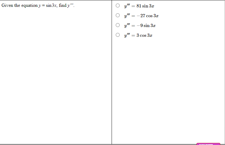 Given the equation \( y=\sin 3 x \), find \( y^{\prime \prime \prime} \). \[ \begin{aligned} y^{\prime \prime \prime} & =81 \