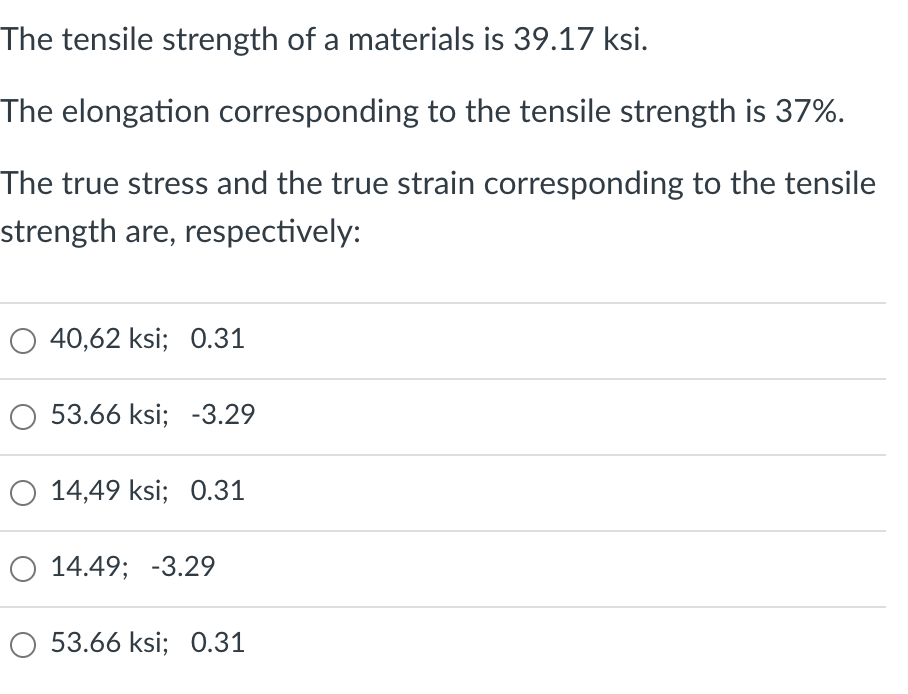 Solved The tensile strength of a materials is 39.17 ksi. The