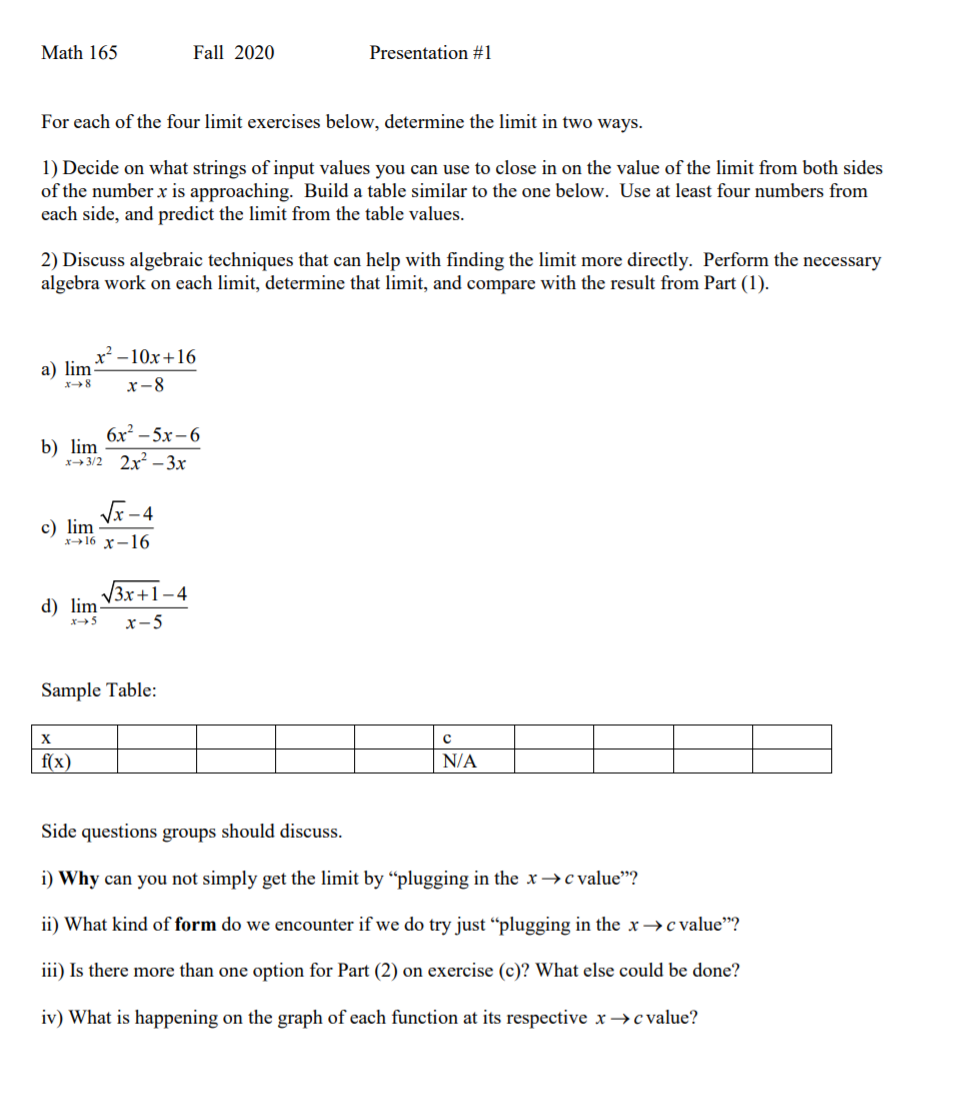 Math 165 Math 165 Fall 2020 Presentation #1 For each of the | Chegg.com