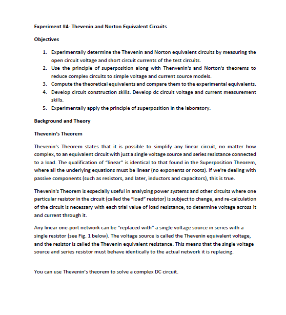 Solved Experiment 4 Thevenin And Norton Equivalent Circ Chegg Com