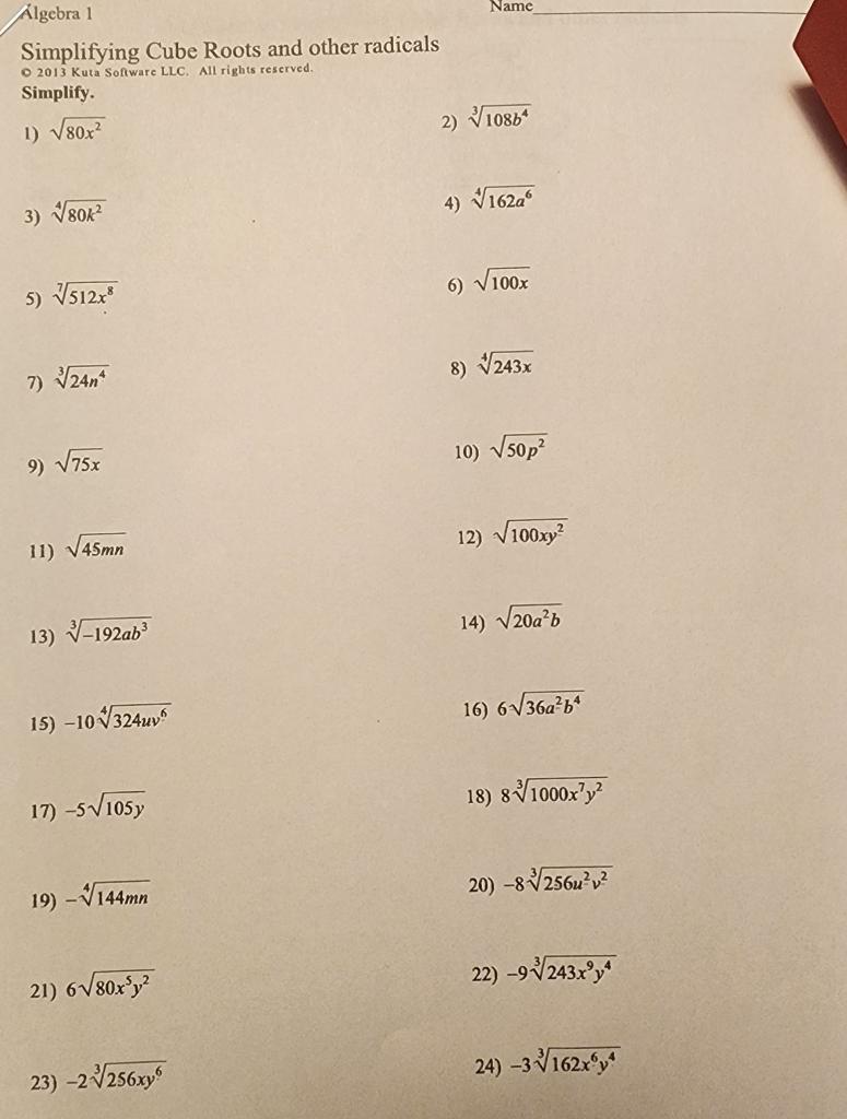 Solved Simplifying Cube Roots And Other Radicals O 2013 Kuta 4939