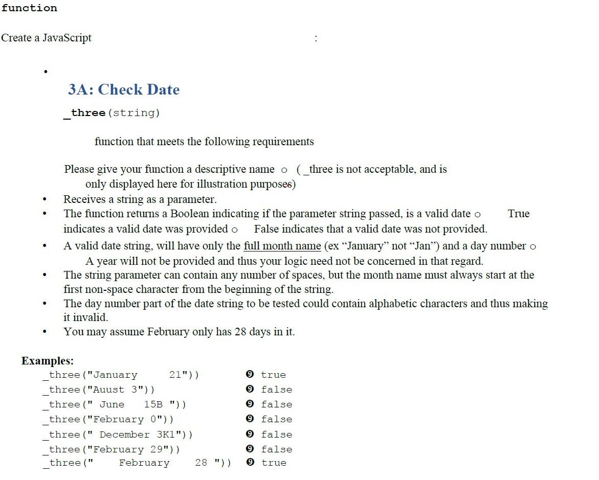 Solved function Create a JavaScript 3A: Check Date three | Chegg.com