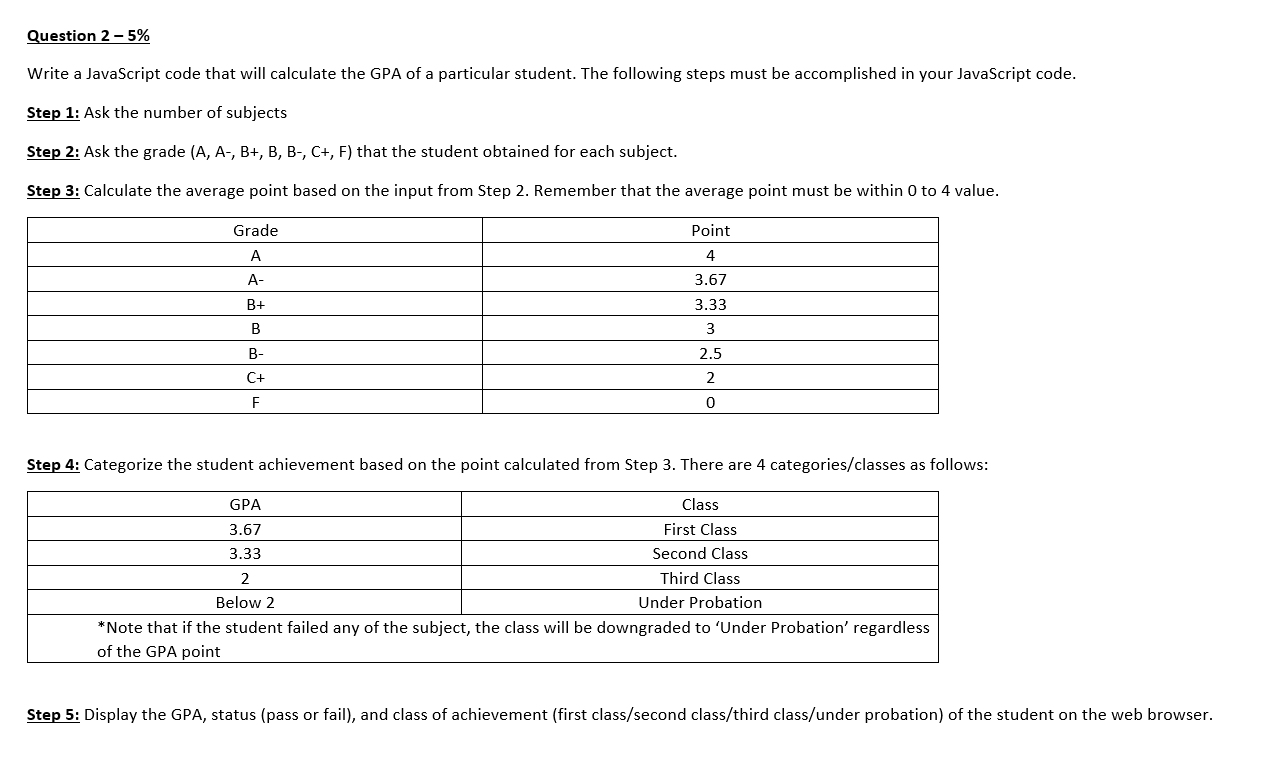 Solved Question 2 - 5% Write a JavaScript code that will | Chegg.com