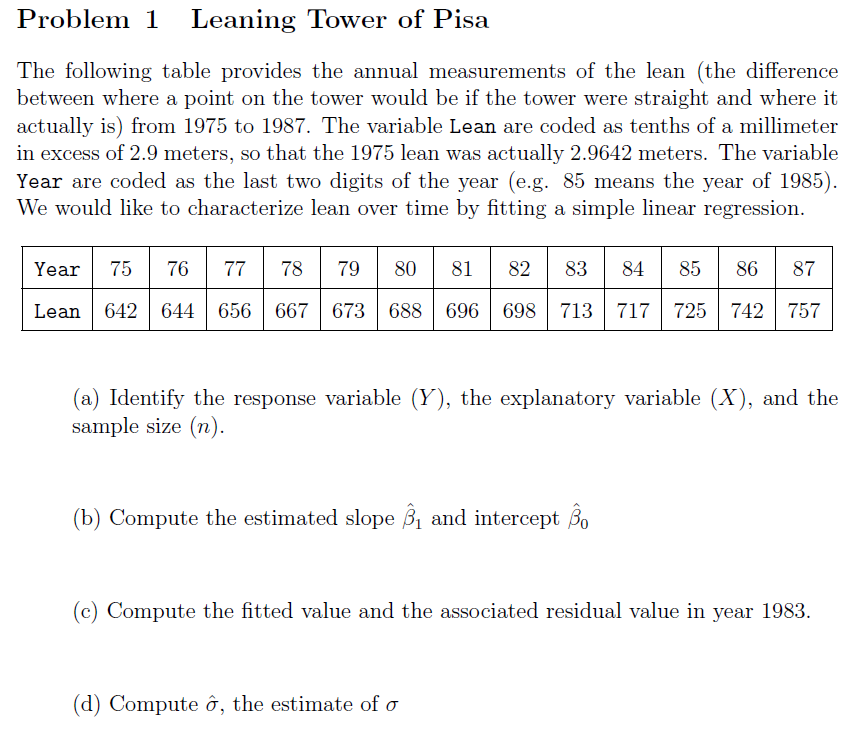 Solved Problem 1 Leaning Tower of Pisa The following table | Chegg.com