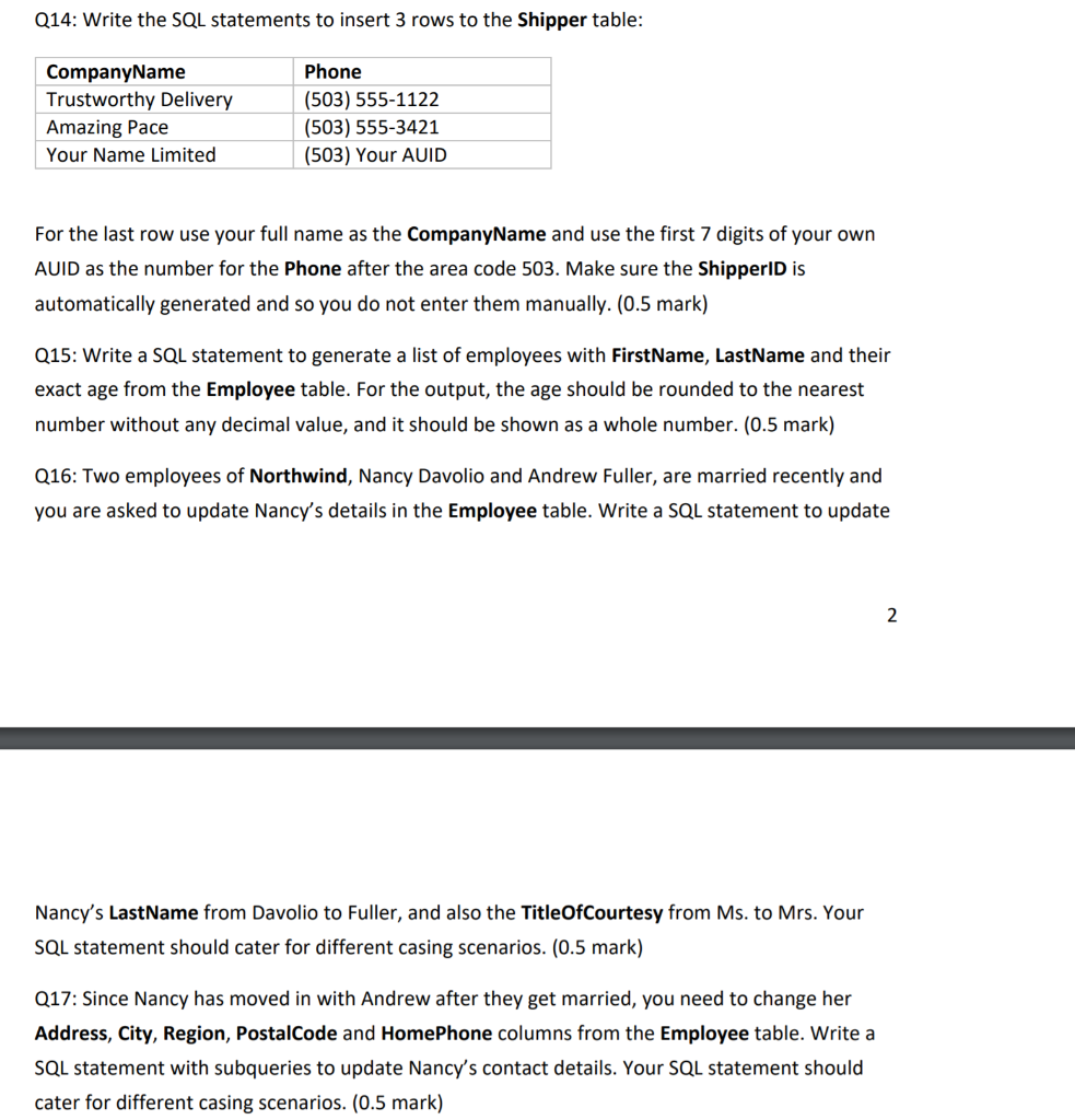 Solved Q14: Write the SQL statements to insert 3 rows to the | Chegg.com
