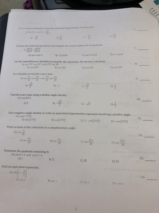 Solved Use a reciprocal identity to find the indicated | Chegg.com