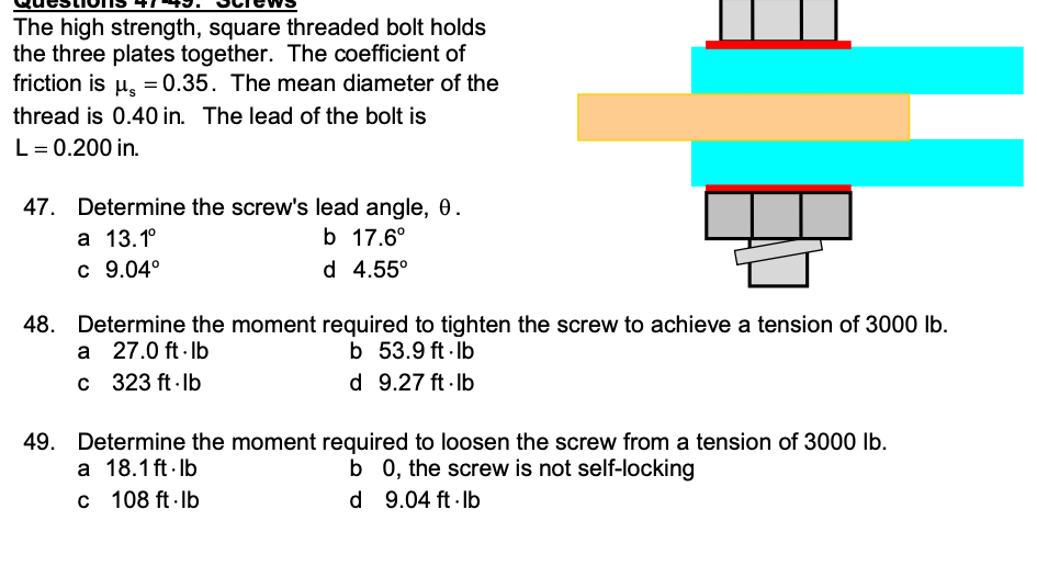Solved The high strength, square threaded bolt holds the | Chegg.com