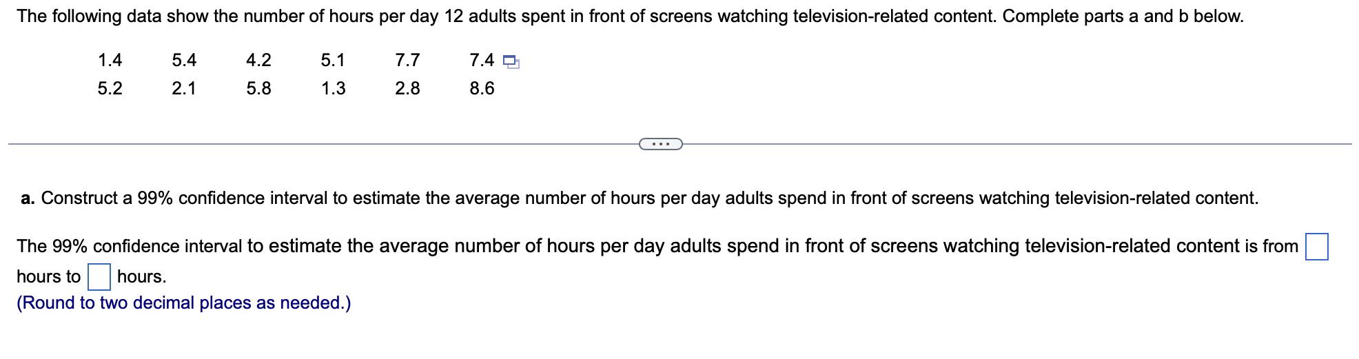 Solved The following data show the number of hours per day | Chegg.com
