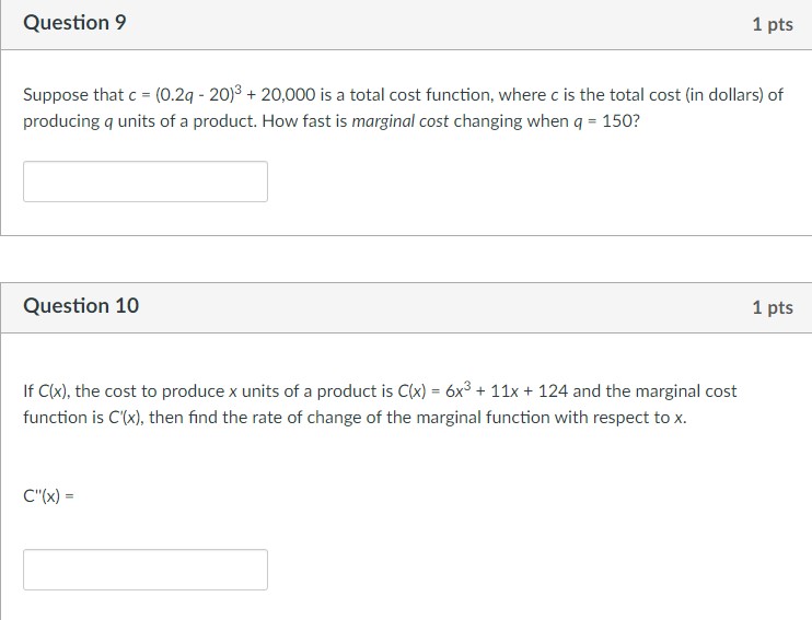 Solved Suppose that c=(0.2q−20)3+20,000 is a total cost | Chegg.com