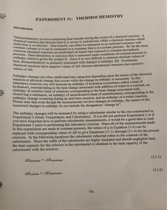 Solved EXPERIMENT 11: THERMOCHEMISTRY Introduction Involves | Chegg.com