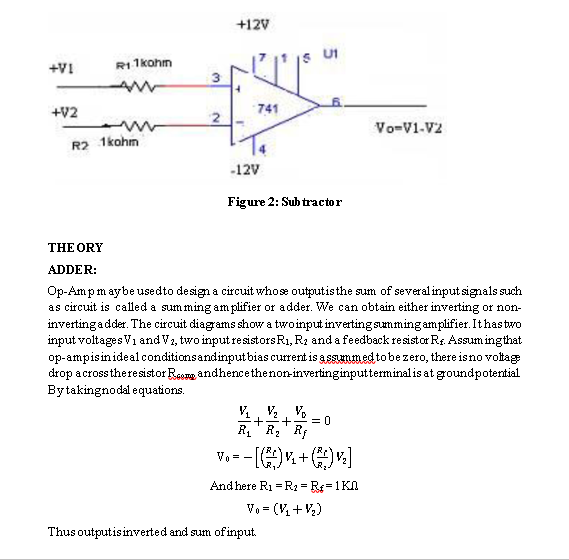 Solved EXPERIMENT; OPAMP APPLICATIONS ADDER, SUBTRACTOR
