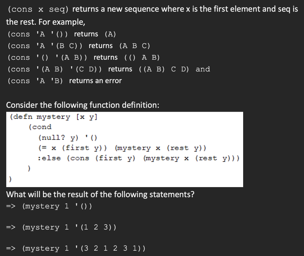 (cons x seq) returns a new sequence where x is the | Chegg.com
