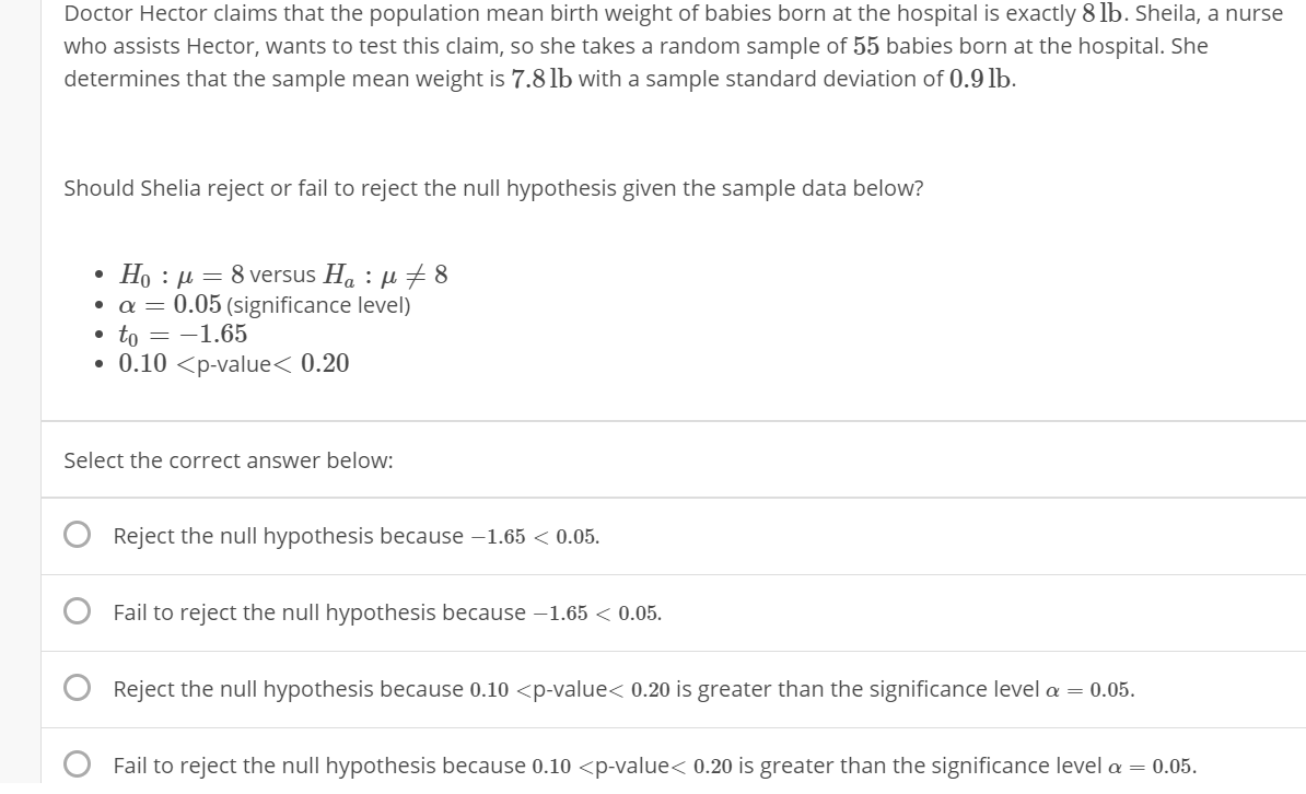 Solved Doctor Hector claims that the population mean birth