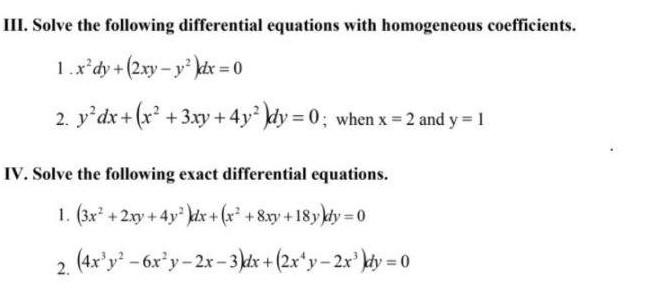 Solved III. Solve the following differential equations with | Chegg.com