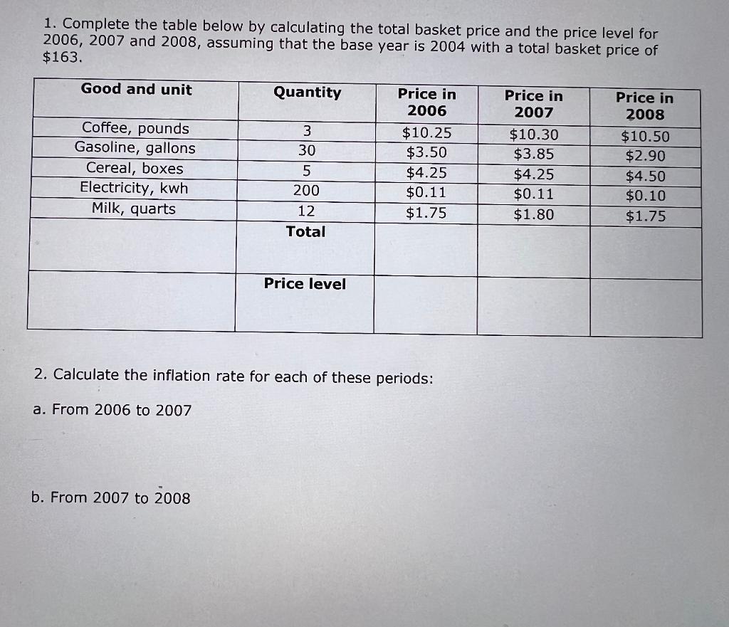 Solved 1. Complete the table below by calculating the total | Chegg.com
