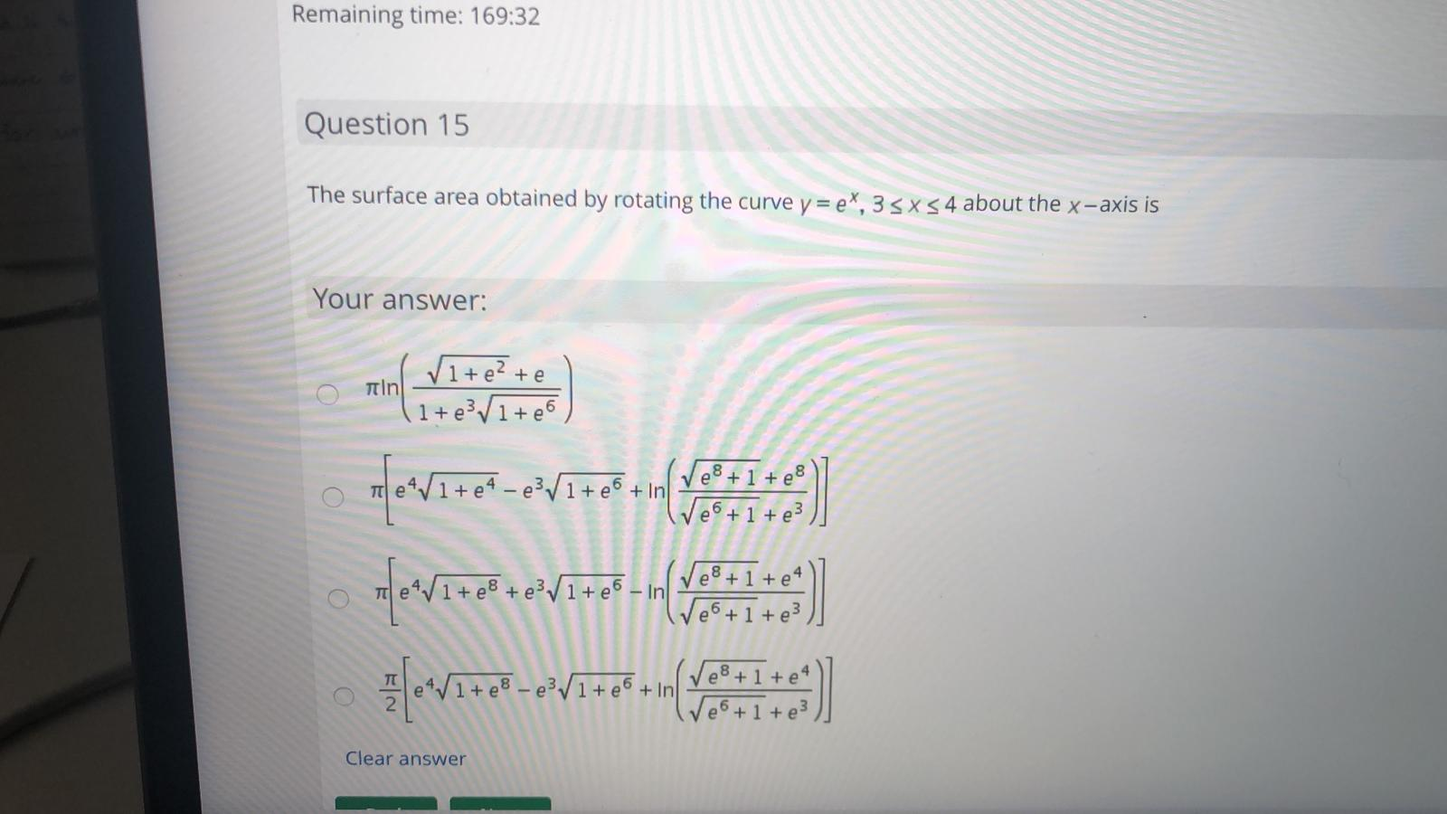 Solved Remaining time: 169:32 Question 15 The surface area | Chegg.com