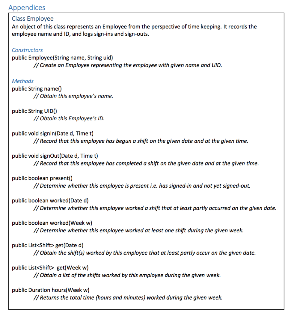 Appendices Class Employee An object of this class represents an Employee from the perspective of time keeping. It records the