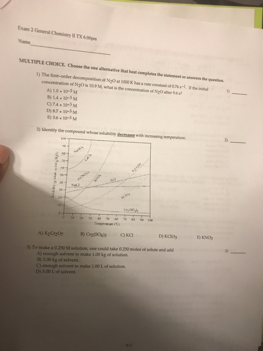 Solved Exam 2 General Chemistry WTK 600pm Name MULTIPLE | Chegg.com