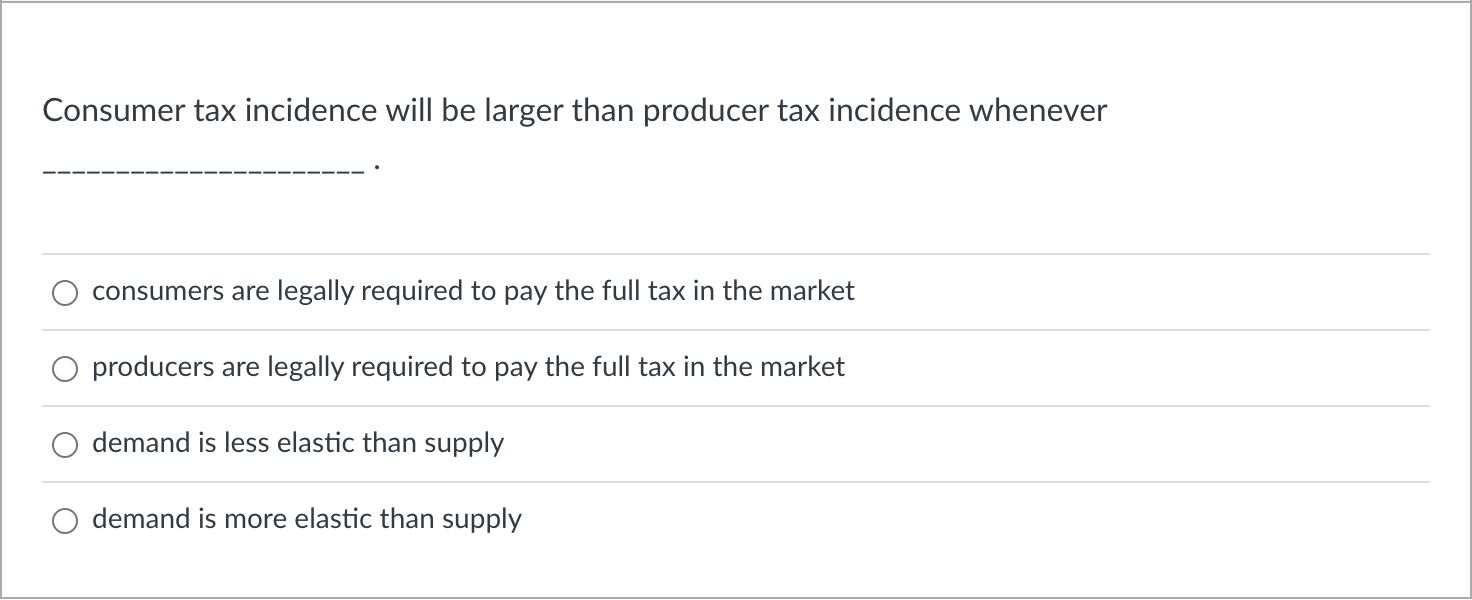 Solved Consumer tax incidence will be larger than producer | Chegg.com