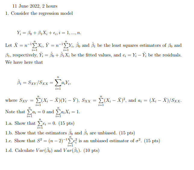 Solved 11 June 2022, 2 hours 1. Consider the regression | Chegg.com