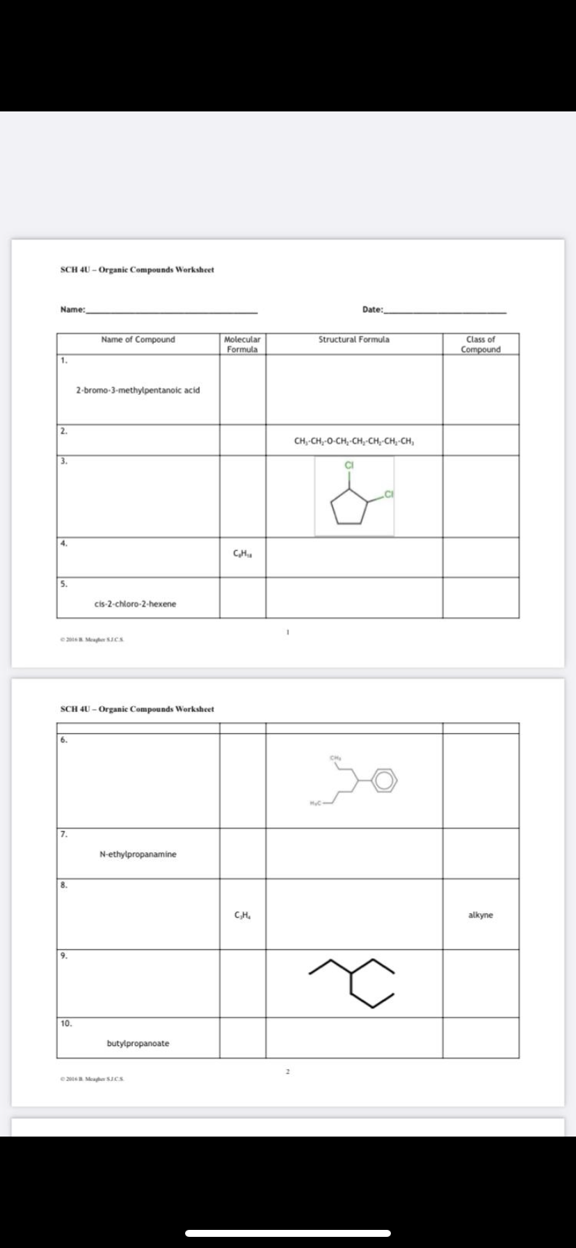 Solved SCH 40 - Organic Compounds Worksheet Name: Date: Name | Chegg.com