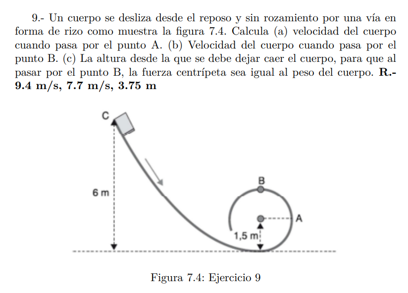 9.- Un cuerpo se desliza desde el reposo y sin rozamiento por una vía en forma de rizo como muestra la figura 7.4. Calcula (a