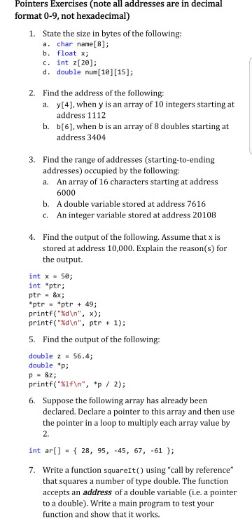 Solved Pointers Exercises Note All Addresses Are In Decimal Chegg Com