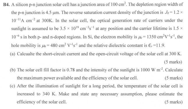 Solved B4. A Silicon P-n Junction Solar Cell Has A Junction | Chegg.com