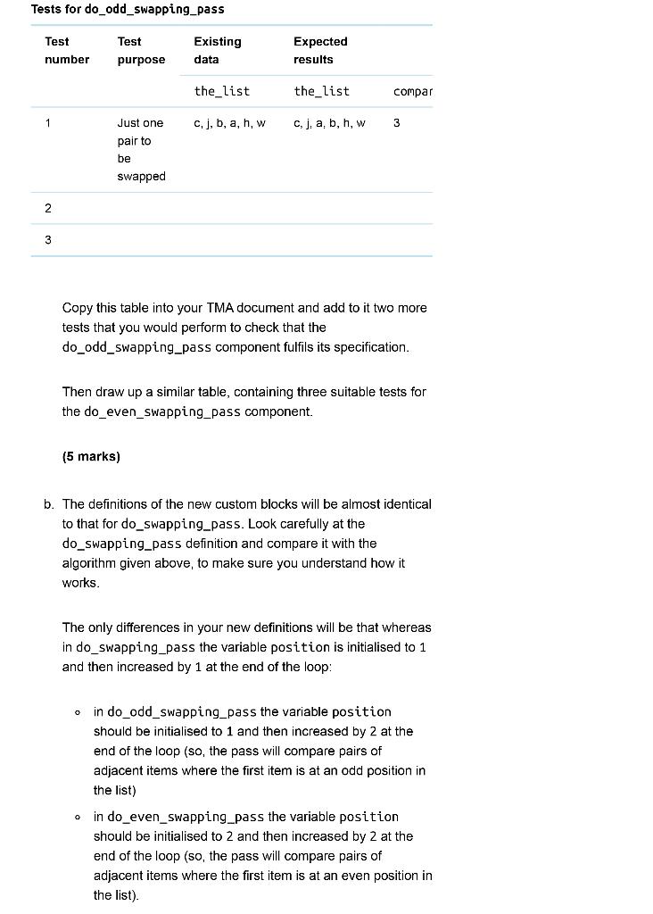 Tests for do_odd_swapping_pass
Copy this table into your TMA document and add to it two more tests that you would perform to