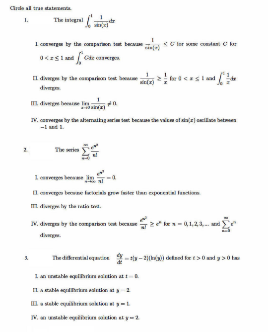 Solved Circle all true statements. 1. The integral ſ sin(2) | Chegg.com