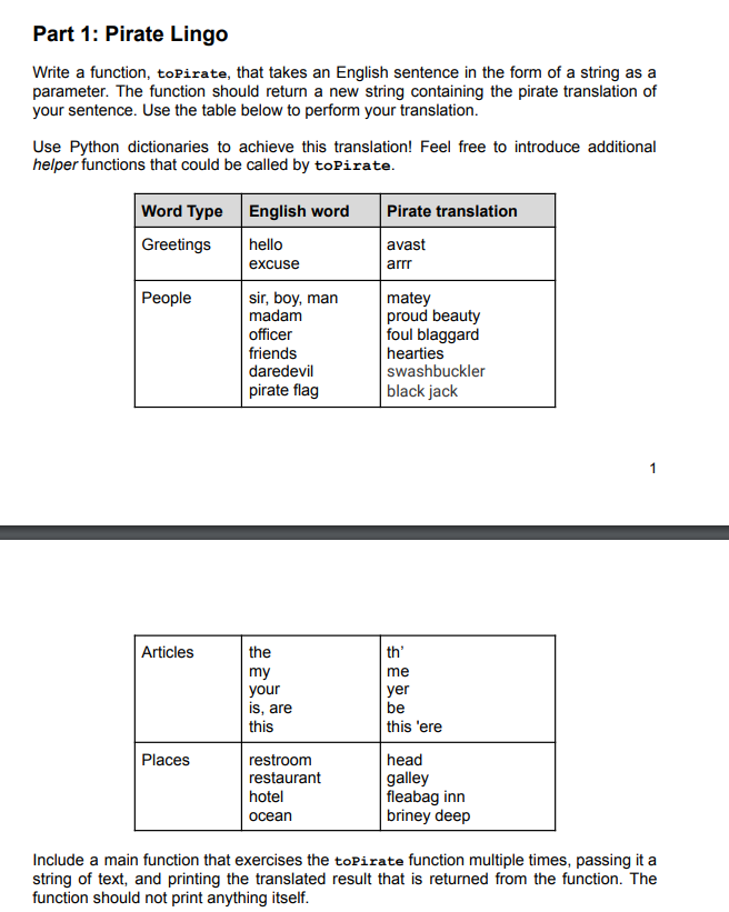 Solved Part 1: Pirate Lingo Write a function, topirate, that | Chegg.com image.