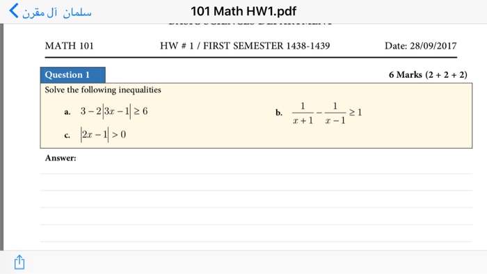 Solved 101 Math HW1.pdf MATH 101 HW # 1 / FIRST SEMESTER | Chegg.com