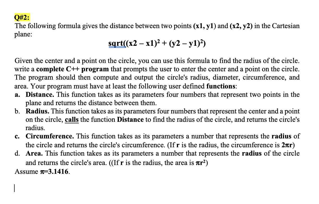 Solved Q 2 Following Formula Gives Distance Two Points X1 Y1 X2 Y2 Cartesian Plane Sqrt X2 X1 2 Y Q Coursehigh Grades