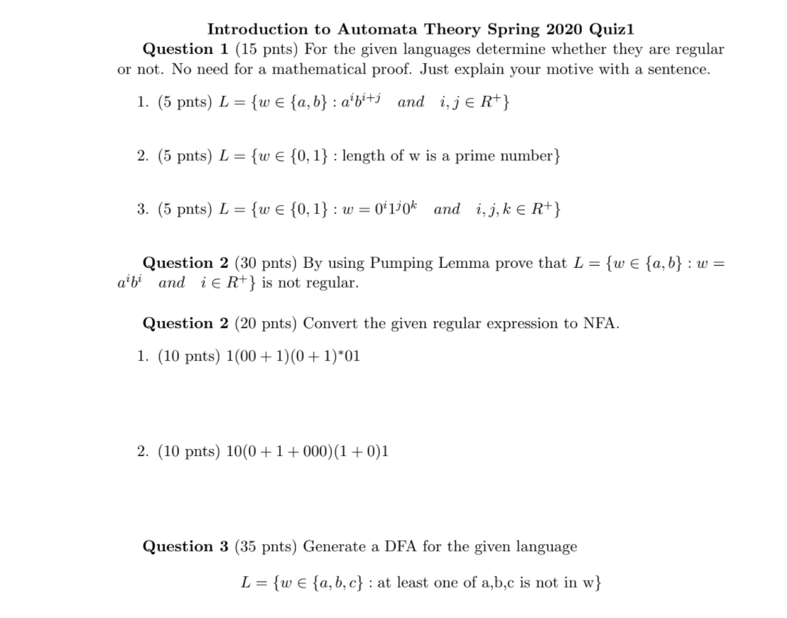 Solved Introduction To Automata Theory Spring 2020 Quiz1 | Chegg.com