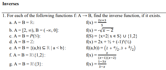 Solved Inverses For each of the following functions f A → B, | Chegg.com