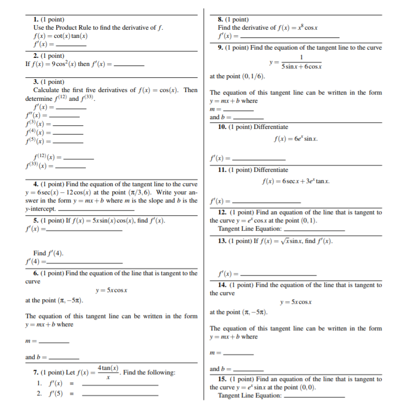 Solved 1. (1 point) Use the Product Rule to find the | Chegg.com