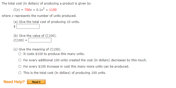 Solved The total cost (in dollars) of producing a product is | Chegg.com
