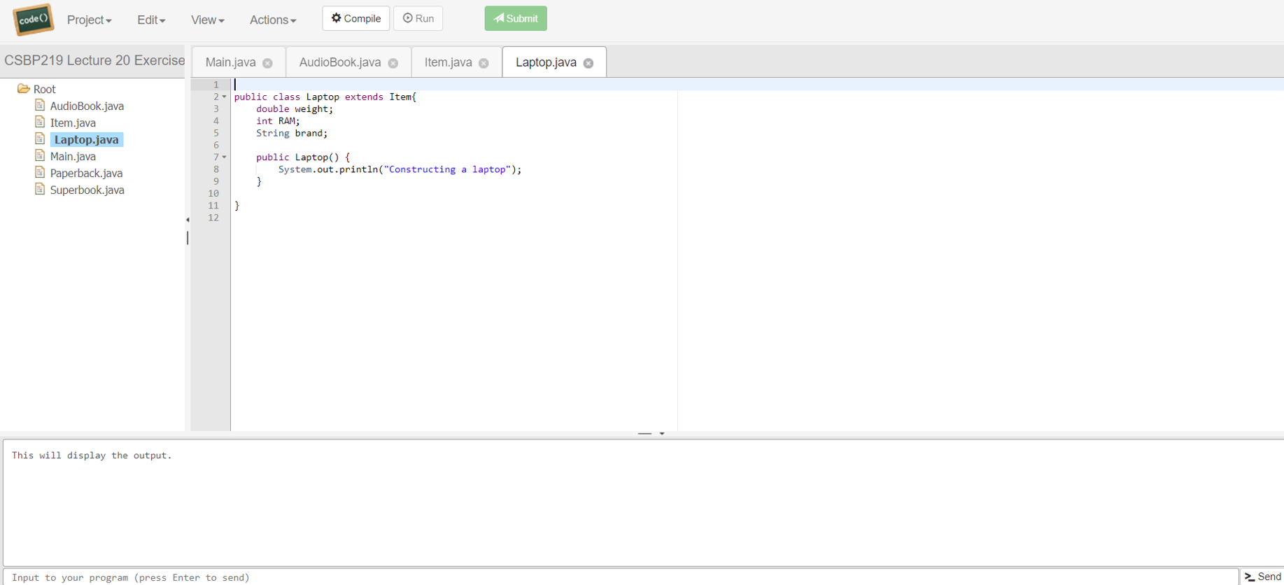 Solved code() Project Edit - View - Actions Compile Run A | Chegg.com