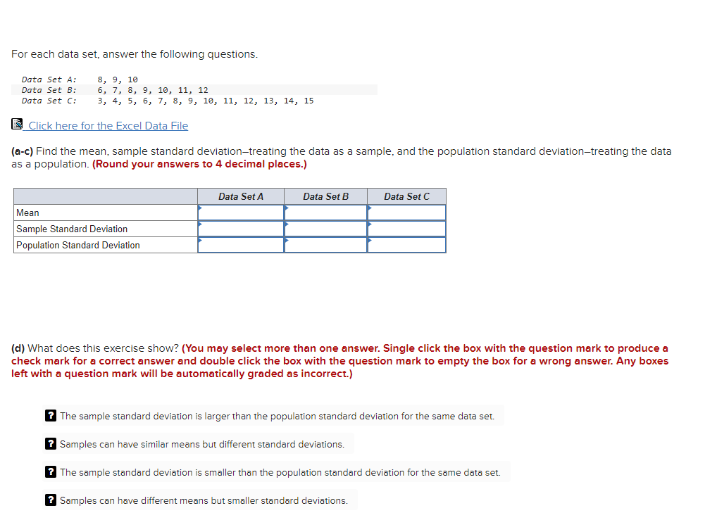 Solved For each data set, answer the following questions. | Chegg.com