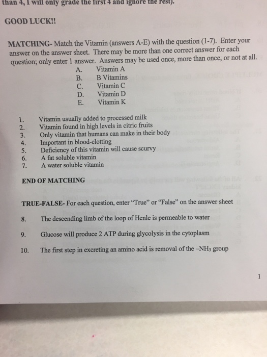 Solved Match the Vitamin (answers AE) with the question