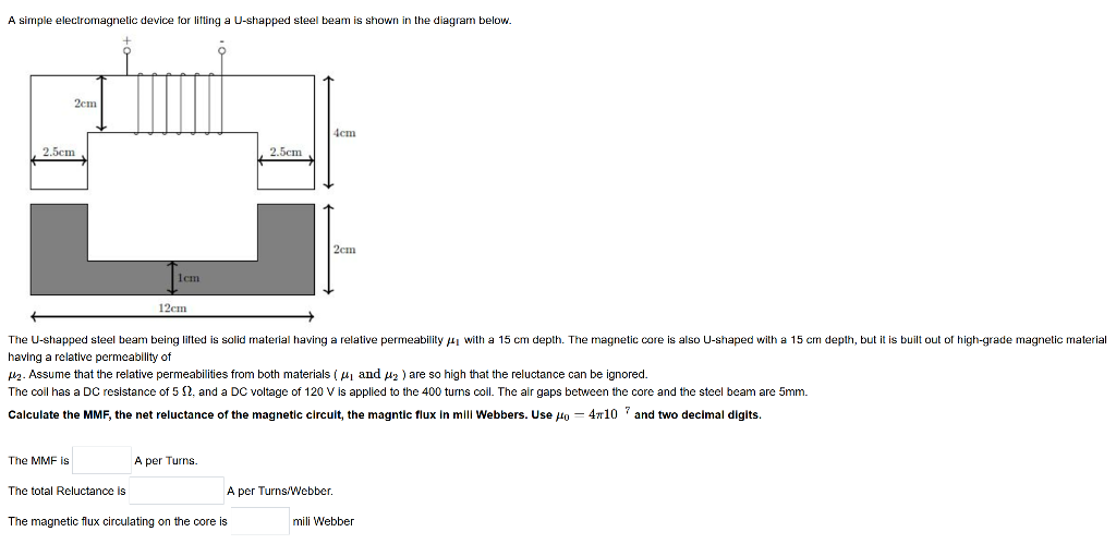 A simple electromagnetic device for litting a U-shapped steel beam is shown in the diagram below. having a relative permeabil