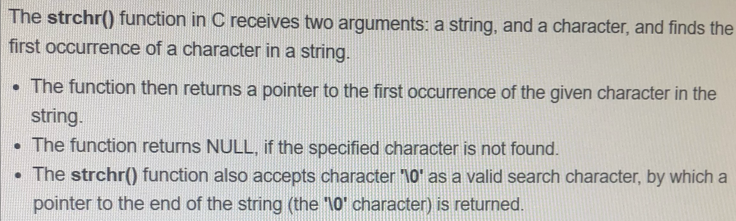 Solved 0 The strchr() function in C receives two arguments: | Chegg.com